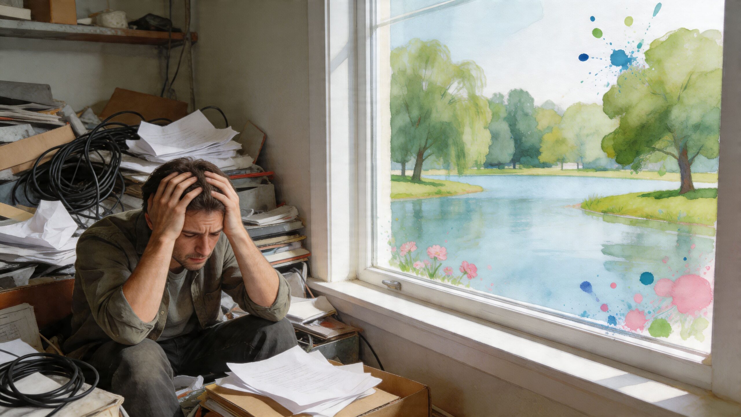 A stressed man sitting on the floor surrounded by disorganized papers and cables near a window.