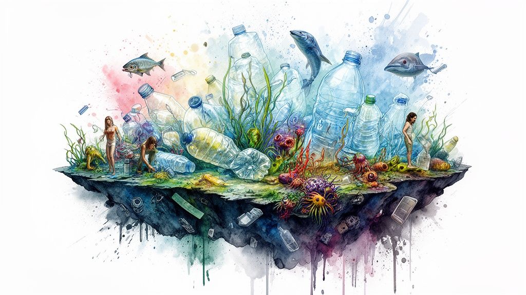 A surreal illustration of an island made of discarded plastic bottles and waste floating in water.