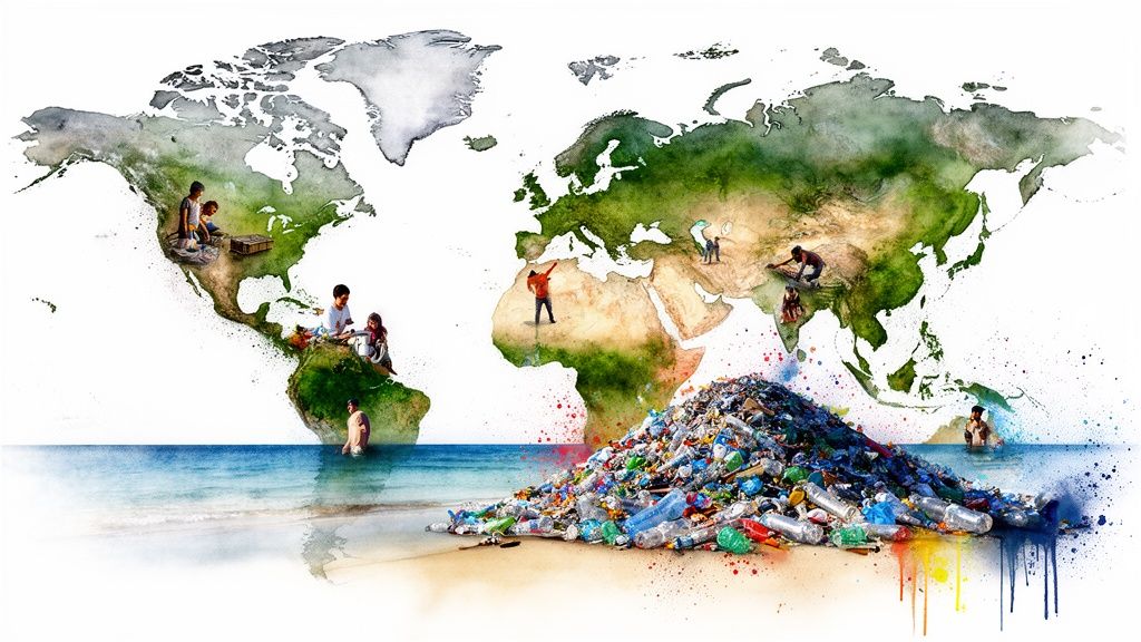 A conceptual illustration showing a world map with various people and a large pile of plastic waste