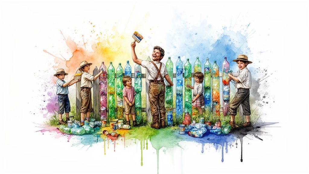 A group of happy children painting a colorful picket fence made from recycled plastic bottles together outdoors.