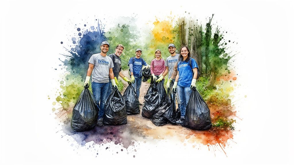 Six smiling volunteers hold black trash bags in a forest preserve cleanup, wearing t-shirts and gloves.