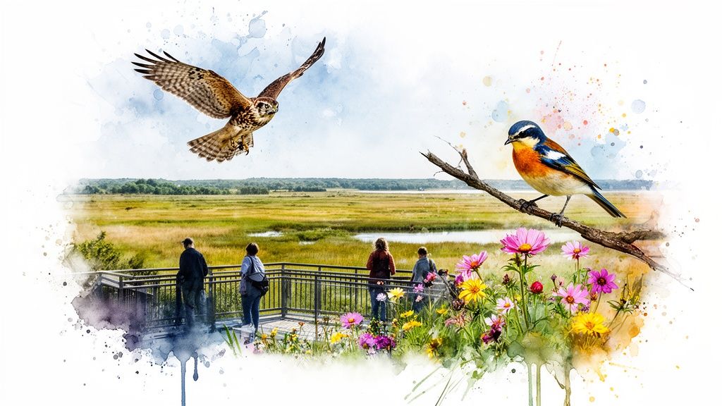 People watch a hawk and a small bird over a beautiful, vibrant marsh landscape.