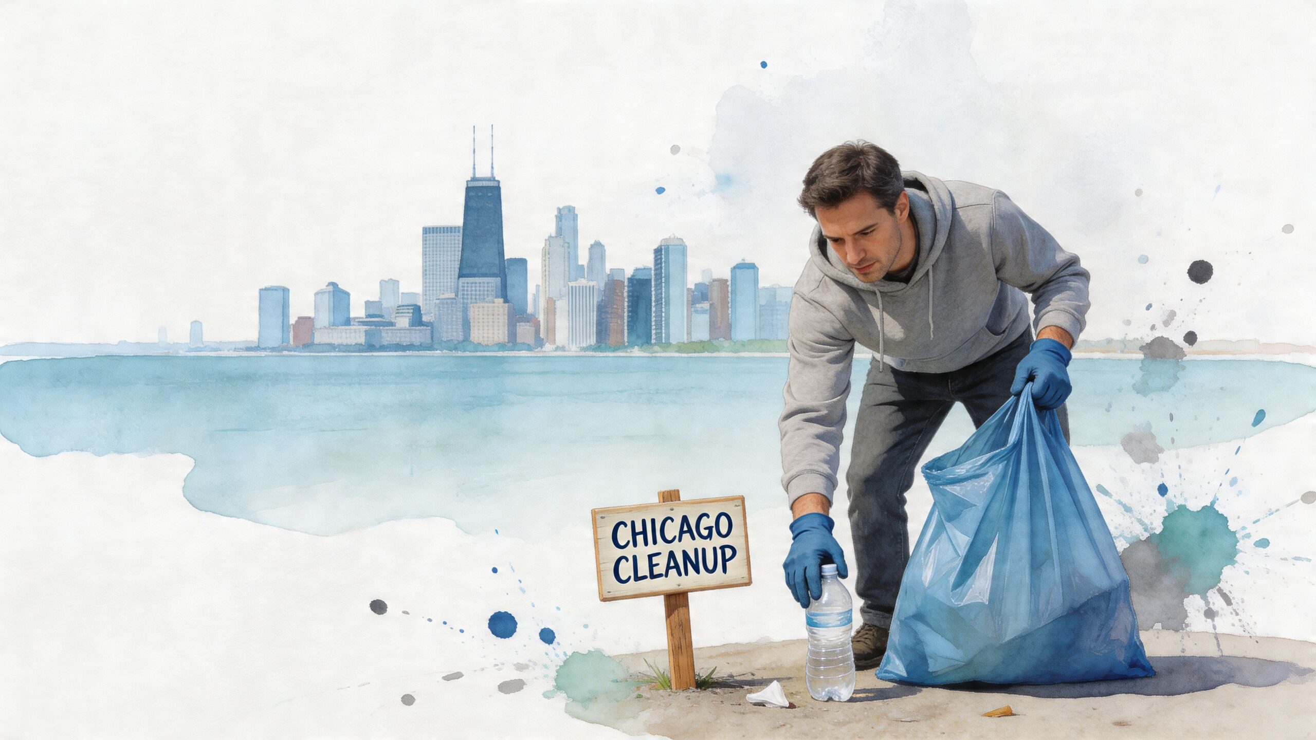 A man picking up a plastic bottle on a beach in front of the Chicago skyline.
