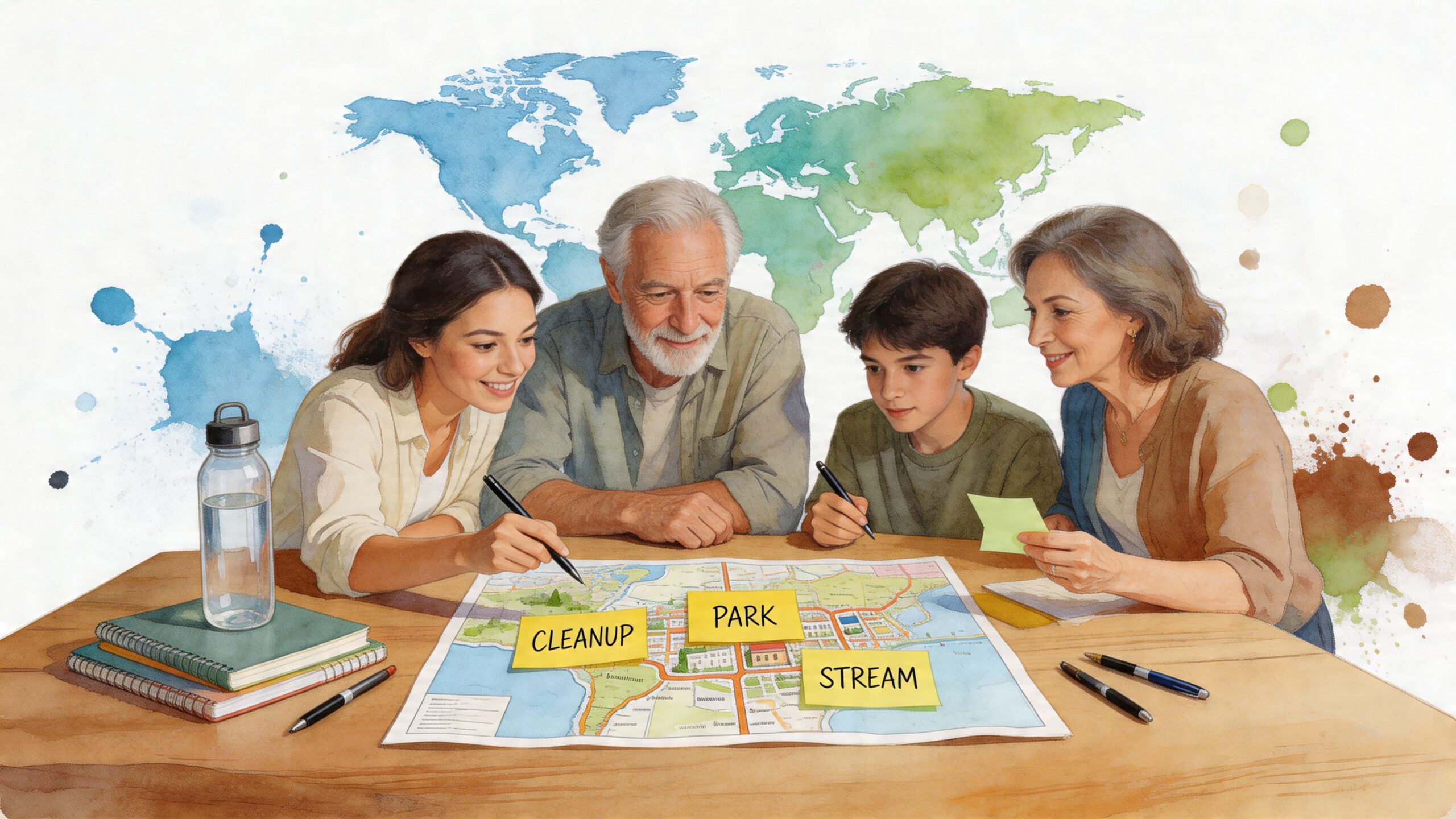 A family working together on an environmental map project with cleanup and park notes on a table.