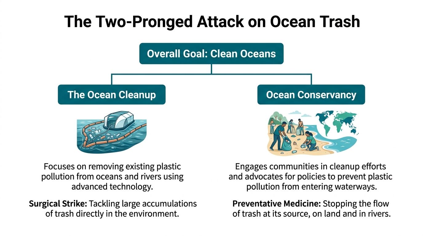 An infographic showing two organizations, The Ocean Cleanup and Ocean Conservancy, working towards clean oceans.