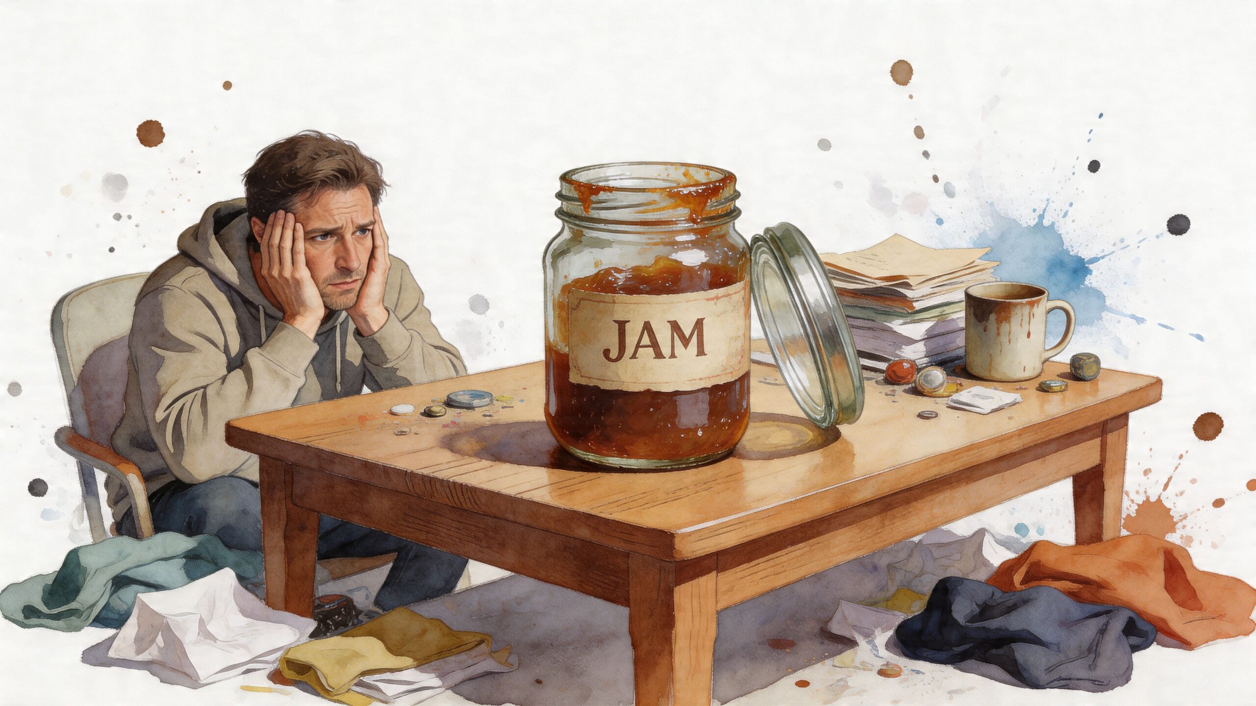 A stressed man sitting at a messy wooden table with a large jar labeled jam.