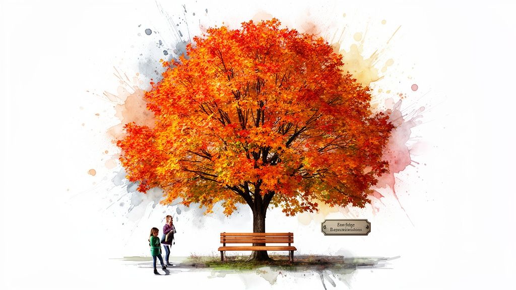 A vibrant autumn tree with bright orange and red leaves, a bench, and two people in a watercolor style.