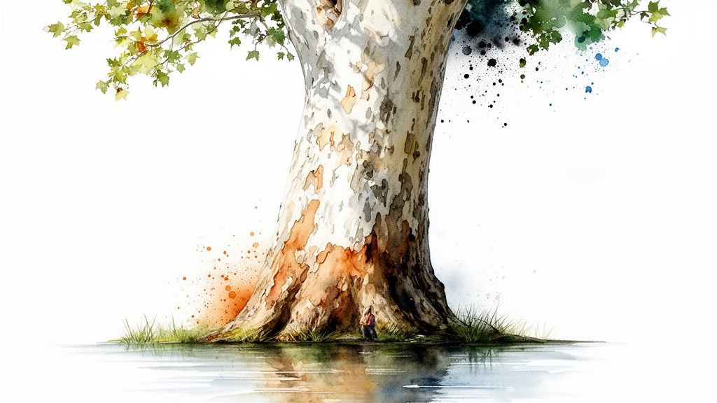Watercolor art of a sycamore tree with green leaves, textured bark, water, and colorful paint splatters.