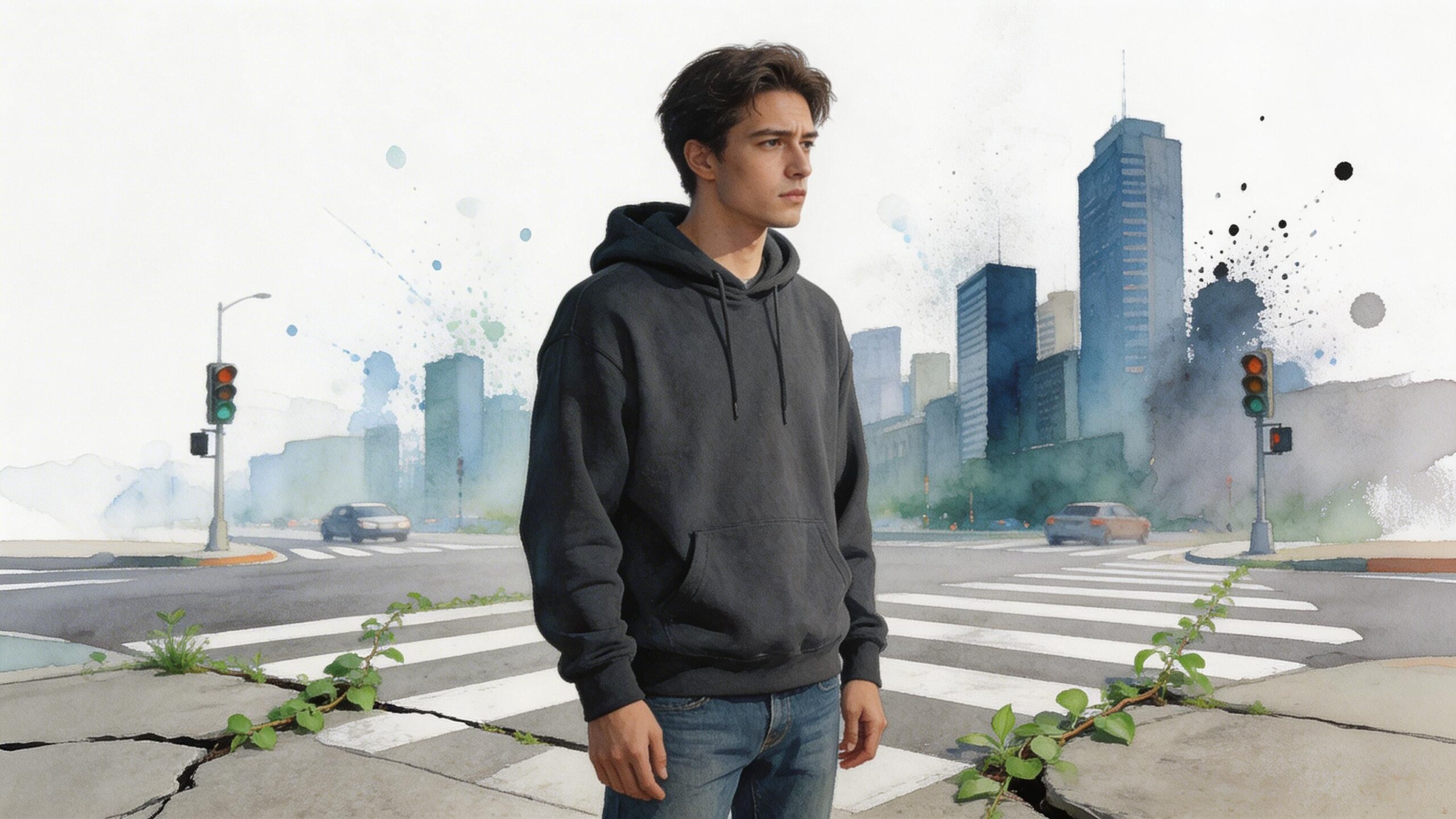 A young man wearing a dark hoodie stands in the middle of a city street intersection.