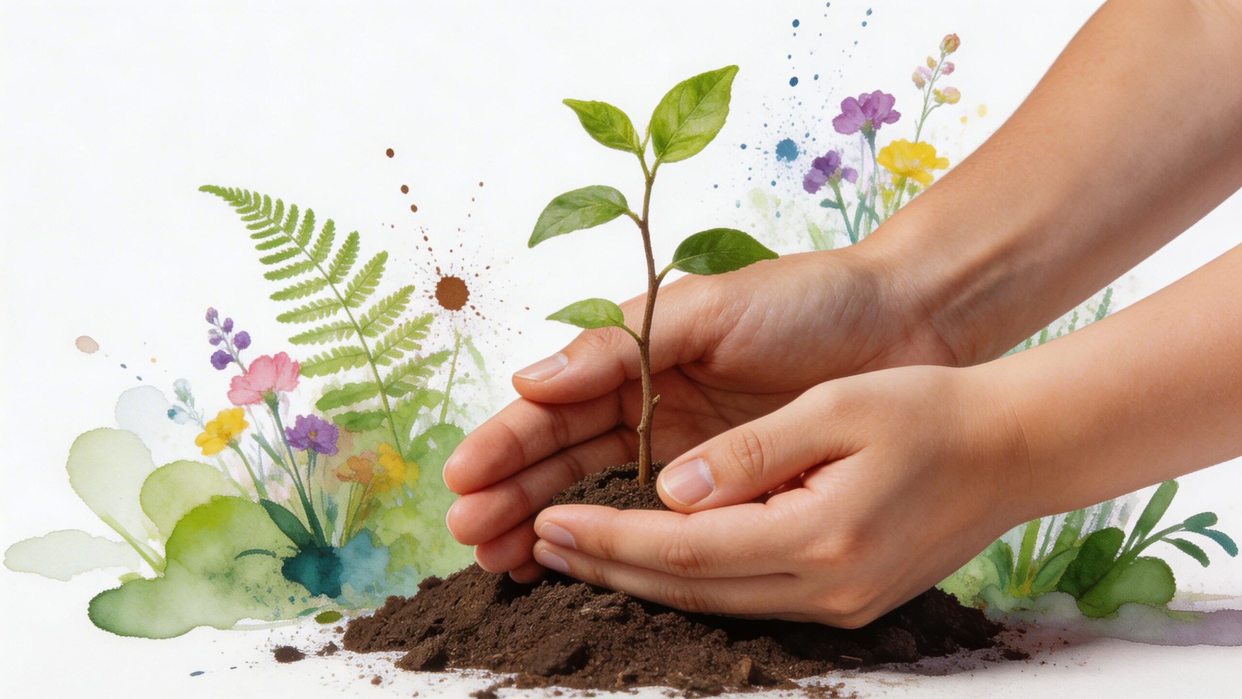 Two hands gently cradling a young green plant growing out of rich dark soil with watercolor background.