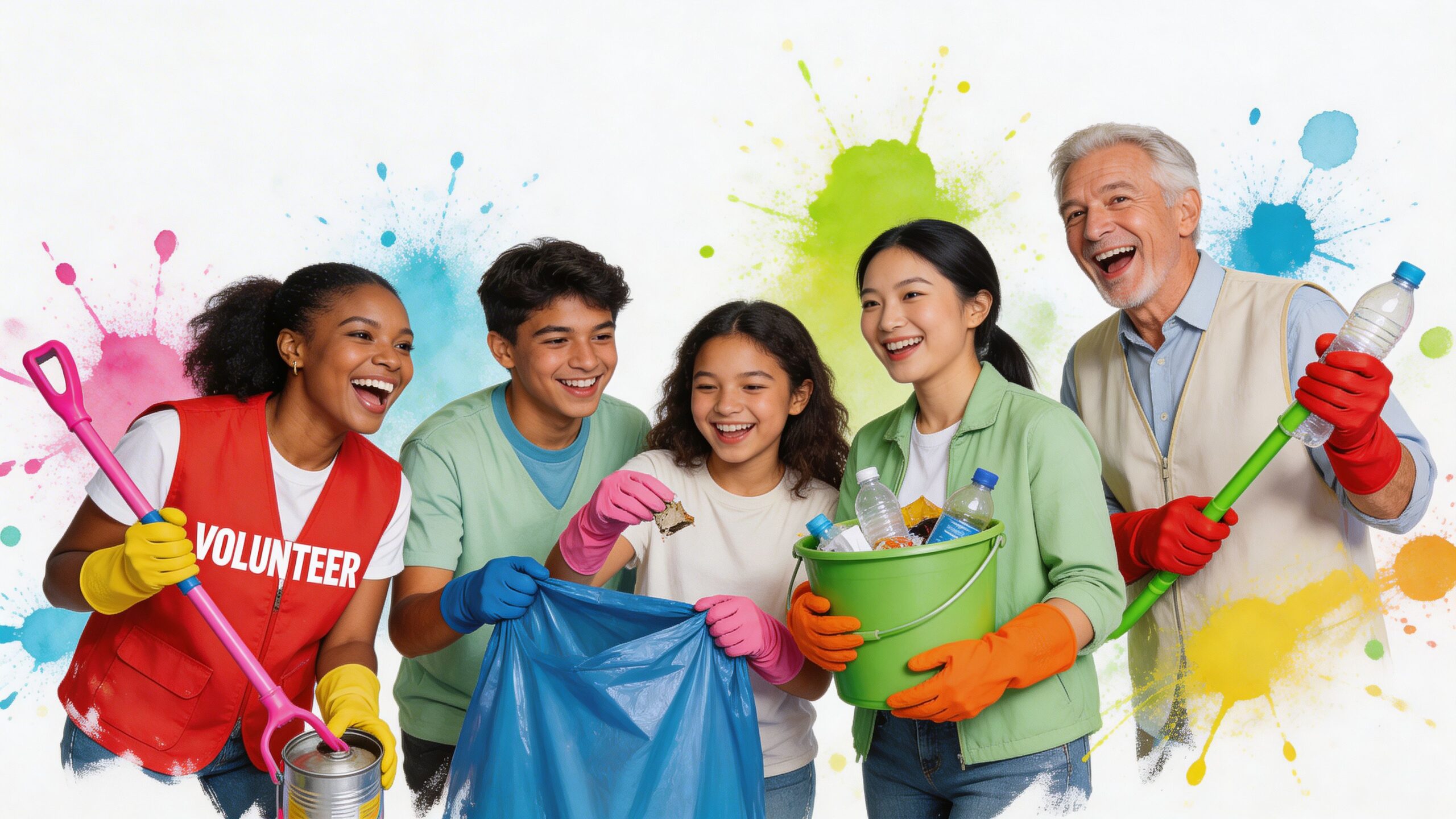 A diverse group of cheerful volunteers cleaning up litter in a community environmental service project together.