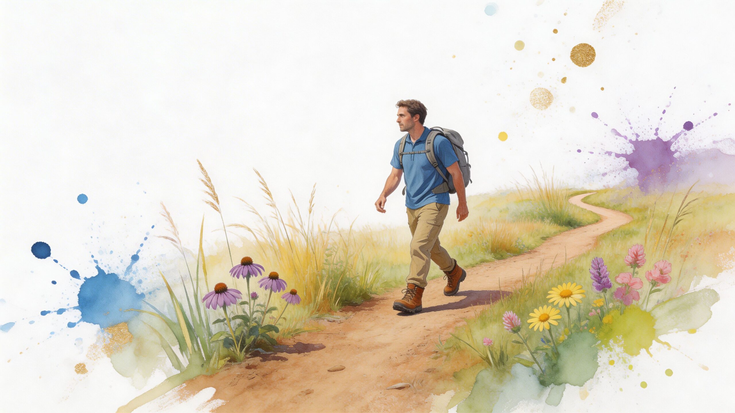 A man with a backpack hiking along a scenic trail surrounded by wildflowers at Springbrook Prairie.