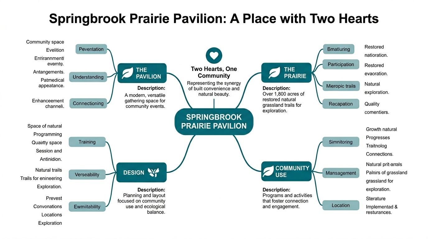 A mind map illustrating the Springbrook Prairie Pavilion, focusing on its dual nature as community space and prairie.