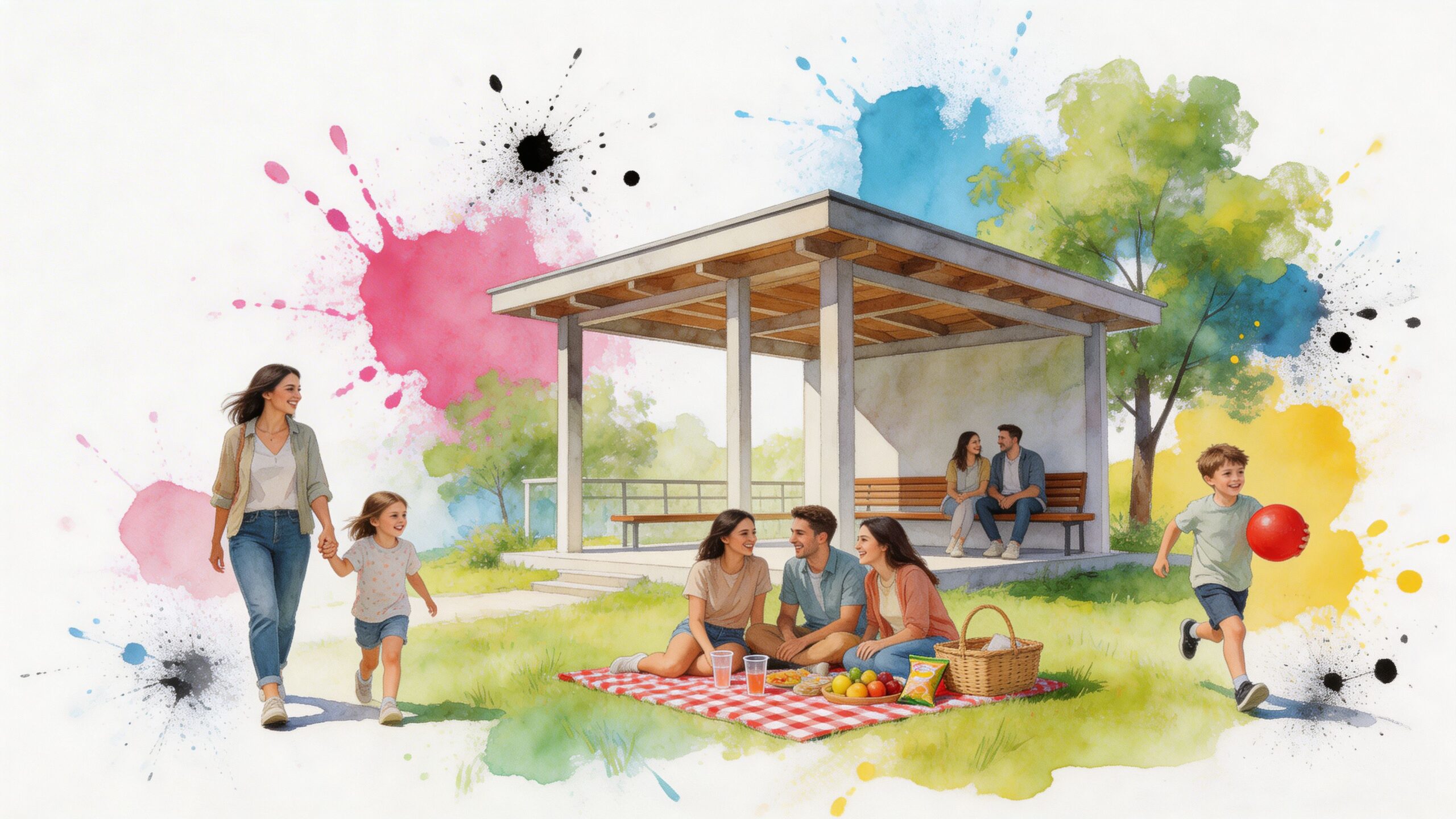 A diverse group of families and children enjoying a sunny picnic and playtime at a local park pavilion.