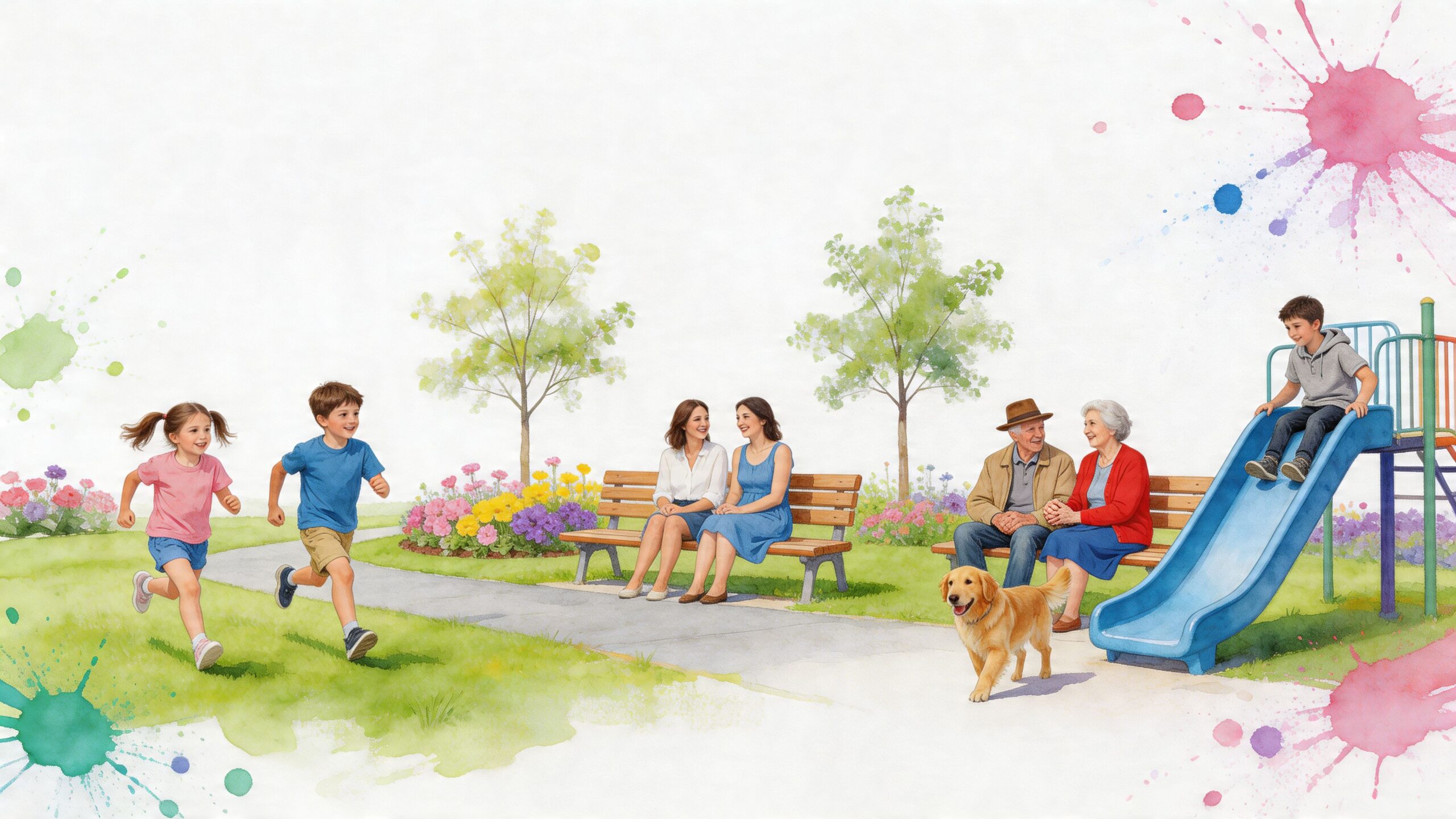 A watercolor illustration showing children playing in a park with adults sitting on benches and a dog.