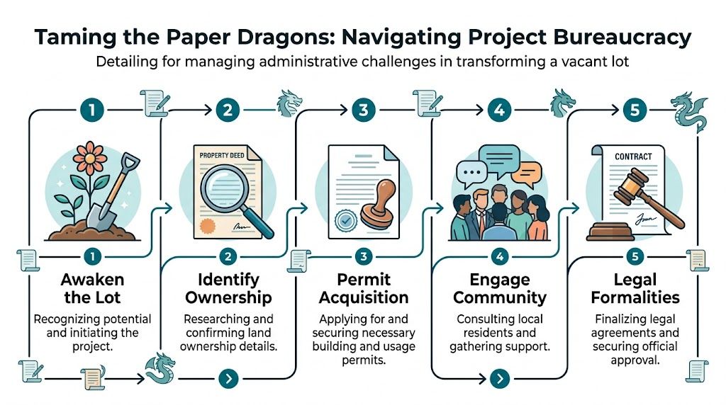 A flowchart showing five steps to navigate bureaucratic challenges for a vacant lot transformation project.
