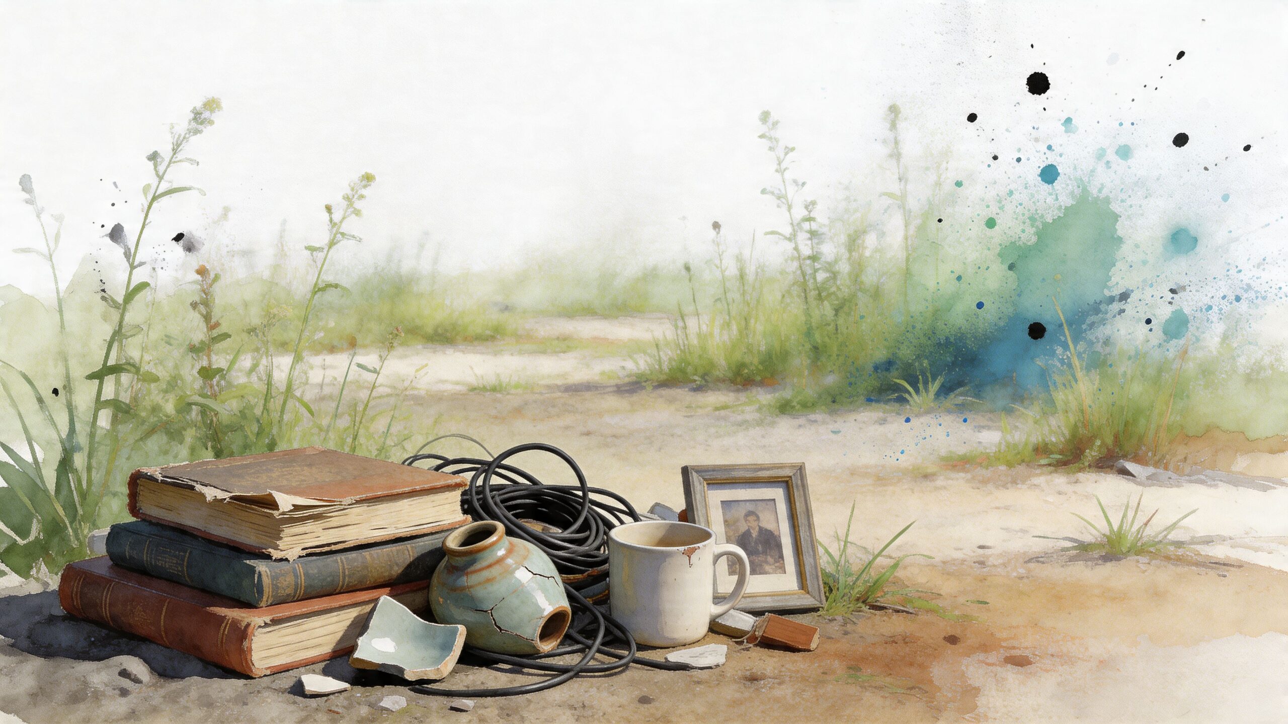 A watercolor painting featuring a stack of vintage books, a broken ceramic jar, and an old photograph.