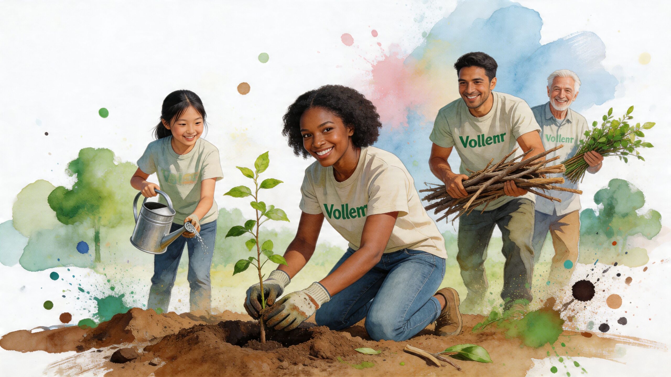 A diverse group of volunteers of various ages working together to plant and water a small sapling.