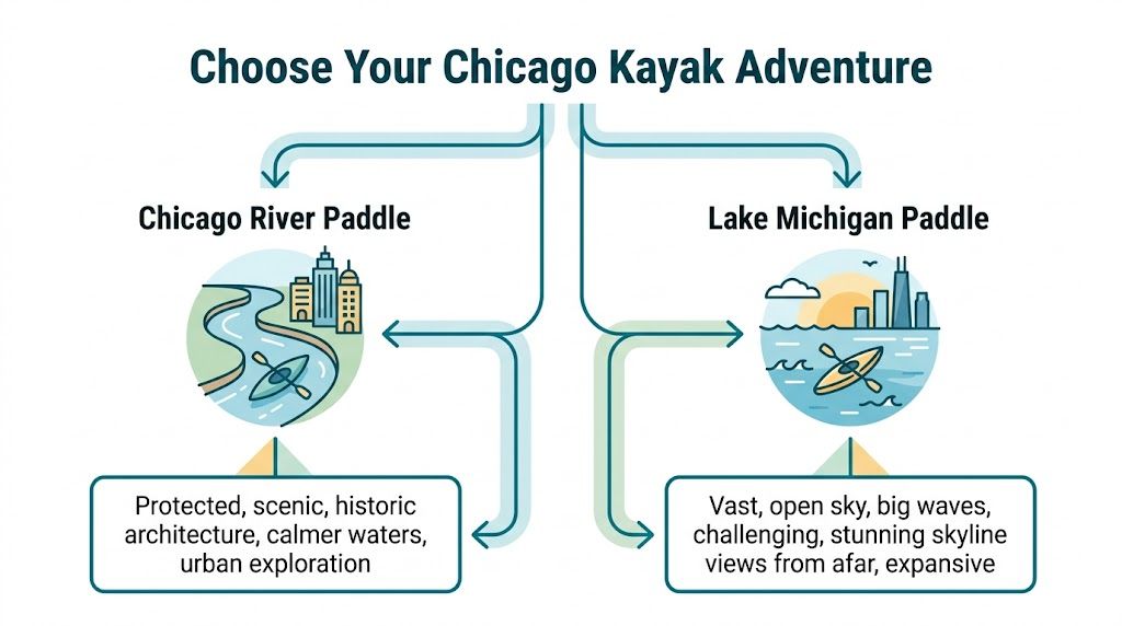 A diagram comparing kayaking on the Chicago River versus Lake Michigan with descriptions of their unique features.