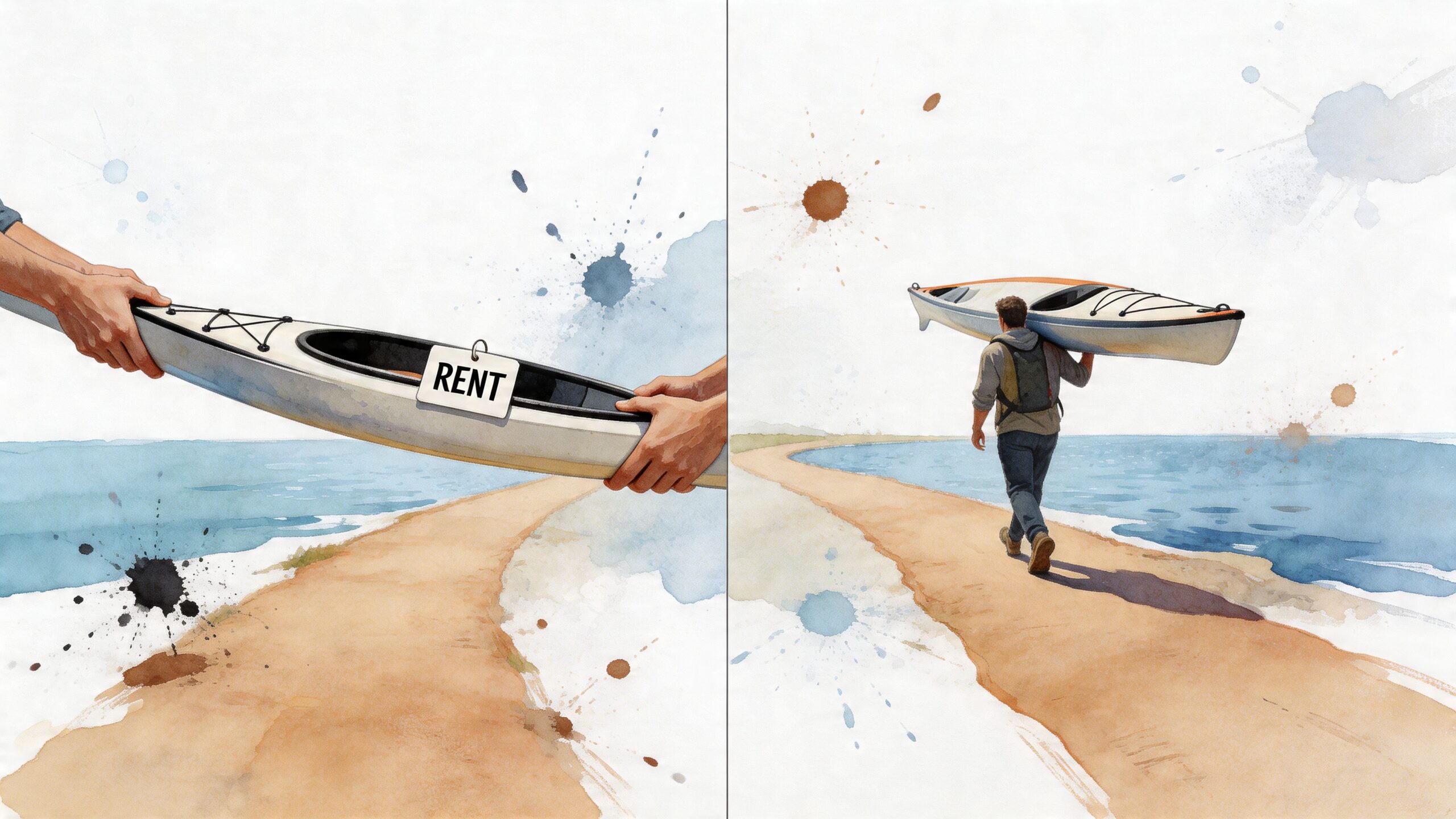 A watercolor illustration showing a person renting and then carrying a kayak along a beach path.