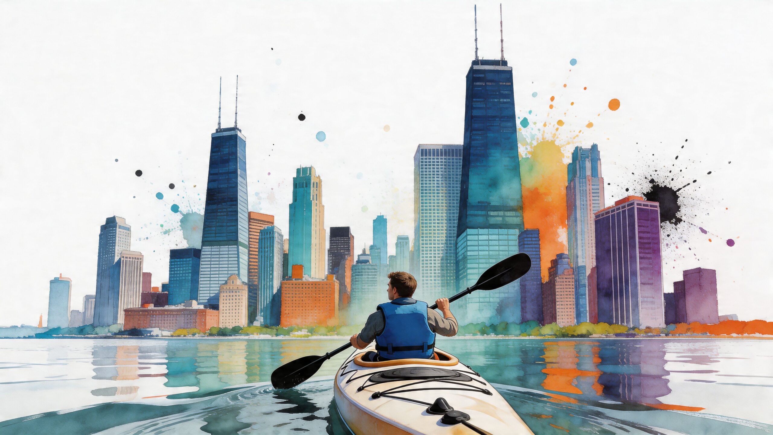 A person kayaking on the water with the Chicago skyline in the background, featuring an artistic watercolor style.