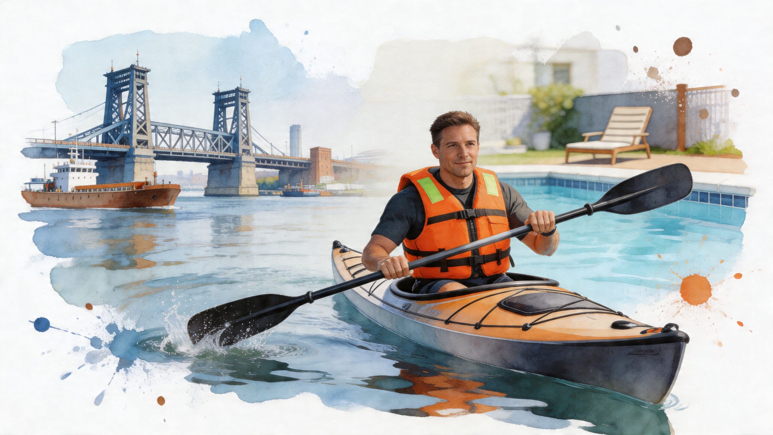 A man kayaking in a swimming pool next to a watercolor illustration of a Chicago river scene.