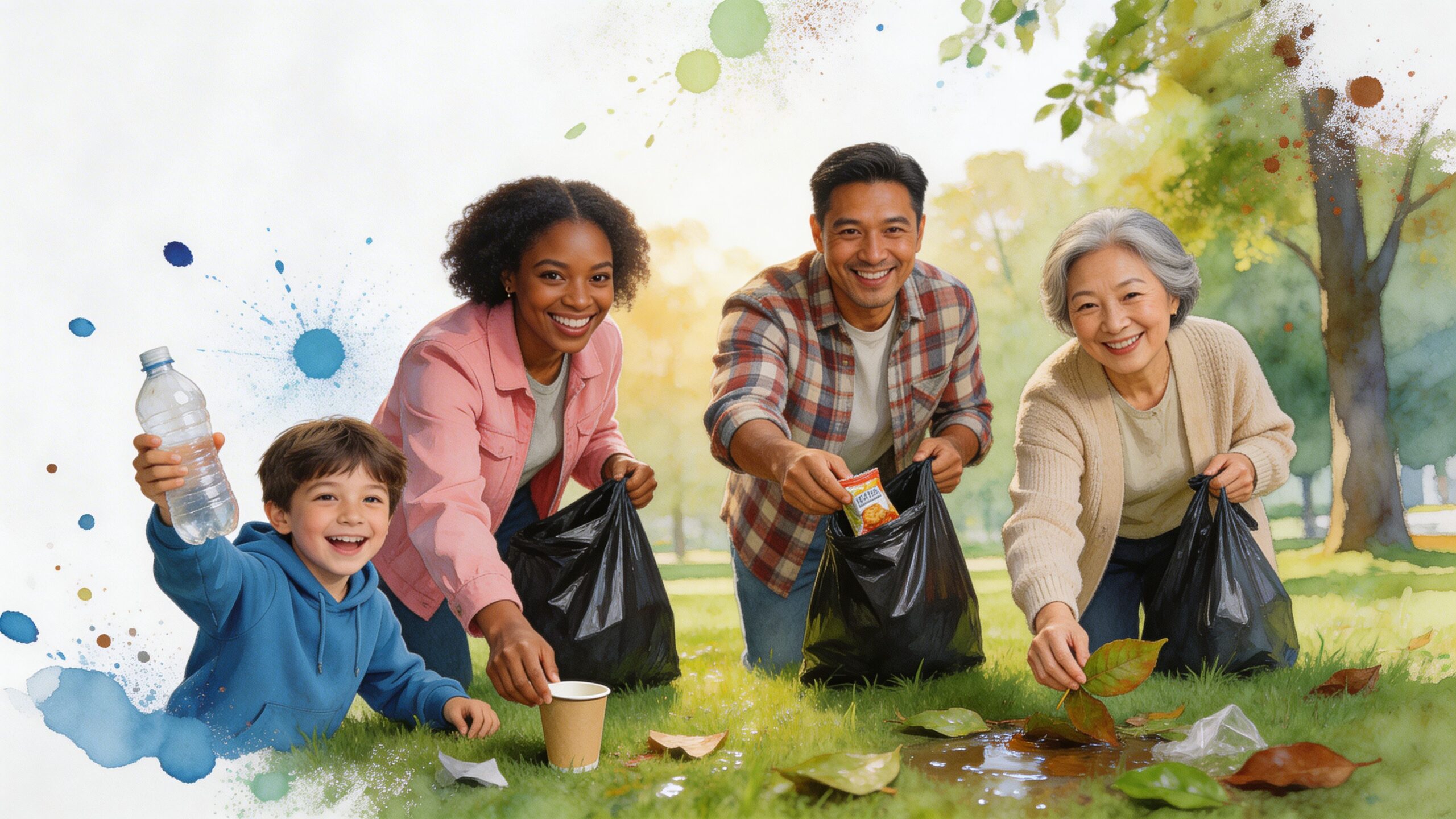 A happy diverse family picking up trash and cleaning litter from the grass in a park.