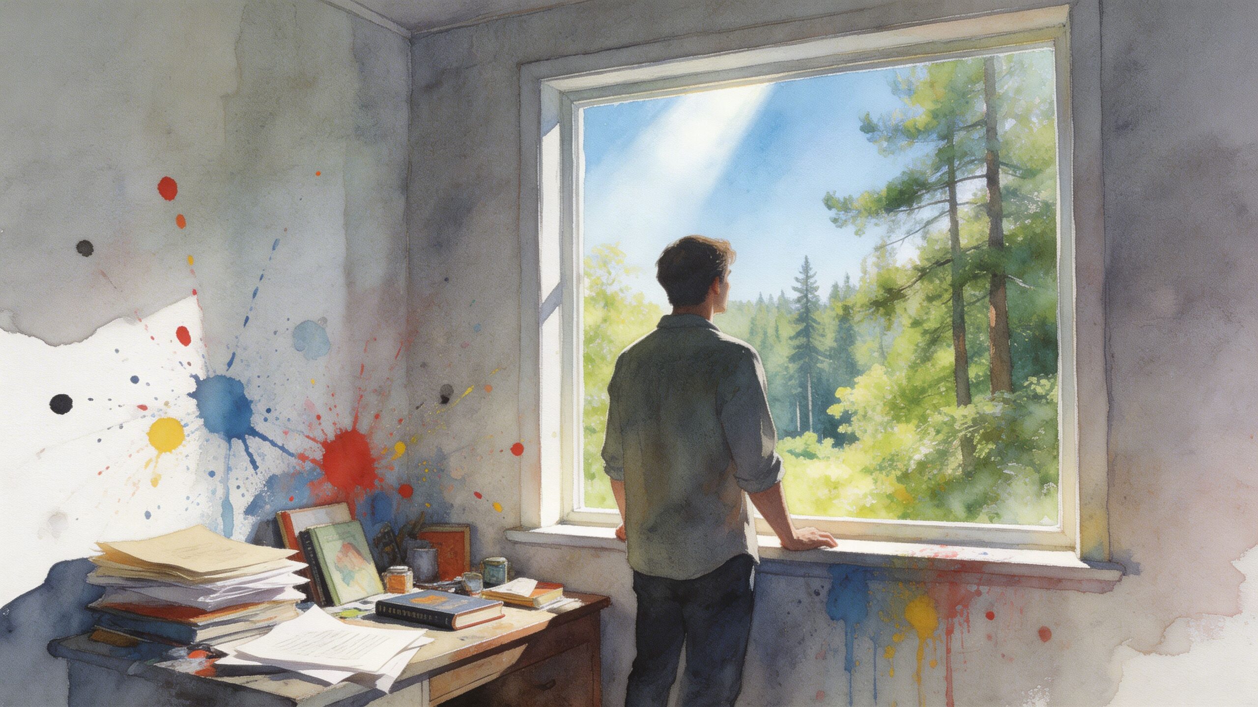 A person standing by a window looking out at a lush forest scene with scattered paint splashes.