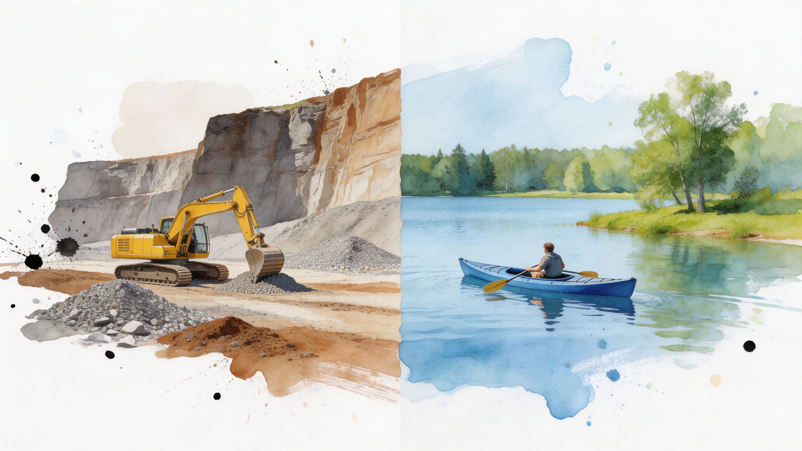 A split-screen watercolor illustration showing an industrial quarry on the left and a peaceful lake on the right.