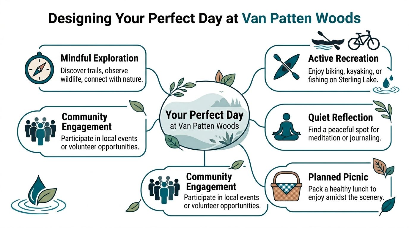 An infographic titled Designing Your Perfect Day at Van Patten Woods listing various recreational activity ideas.