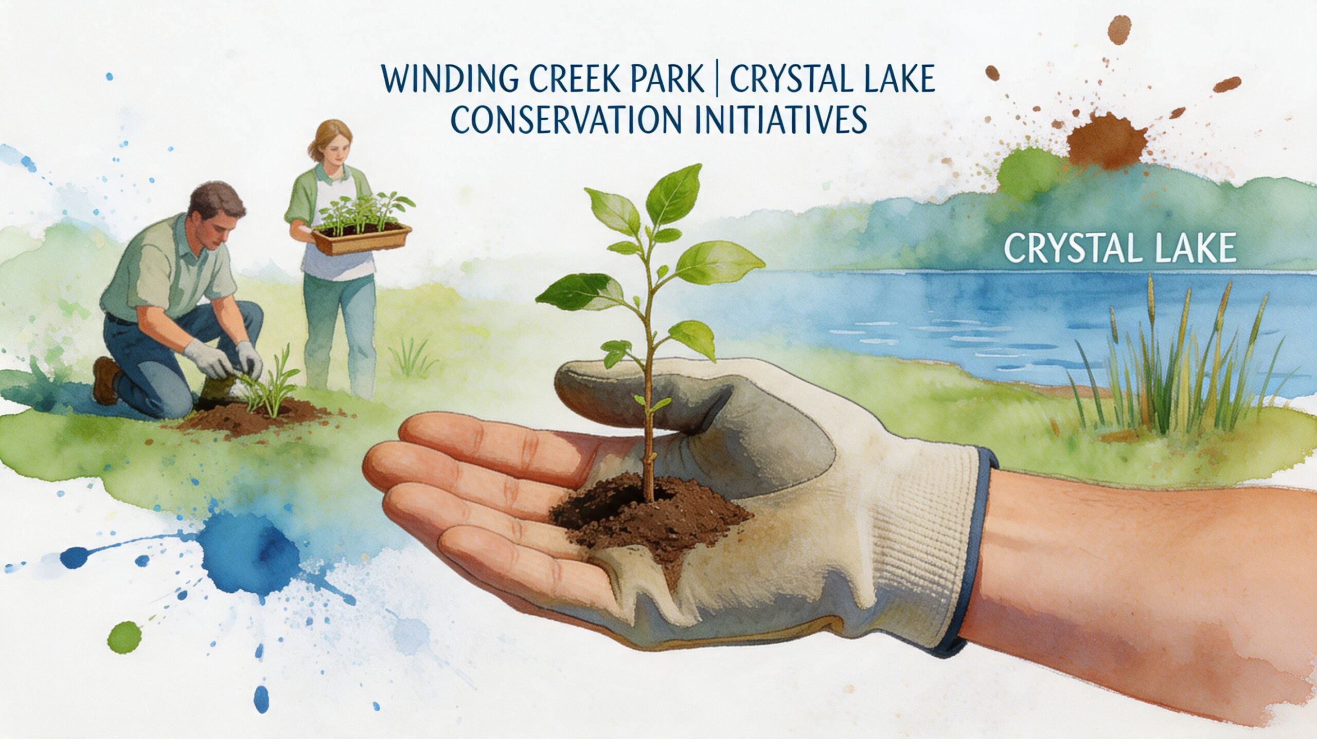 A watercolor illustration of volunteers planting saplings at Winding Creek Park near the shores of Crystal Lake.