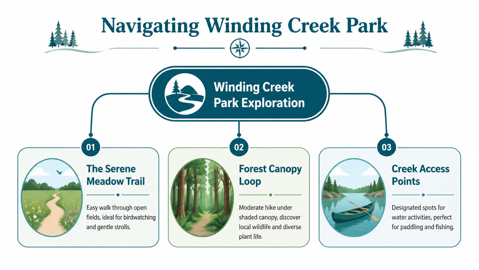 An infographic titled Navigating Winding Creek Park outlining three outdoor recreation areas including trails and water access.