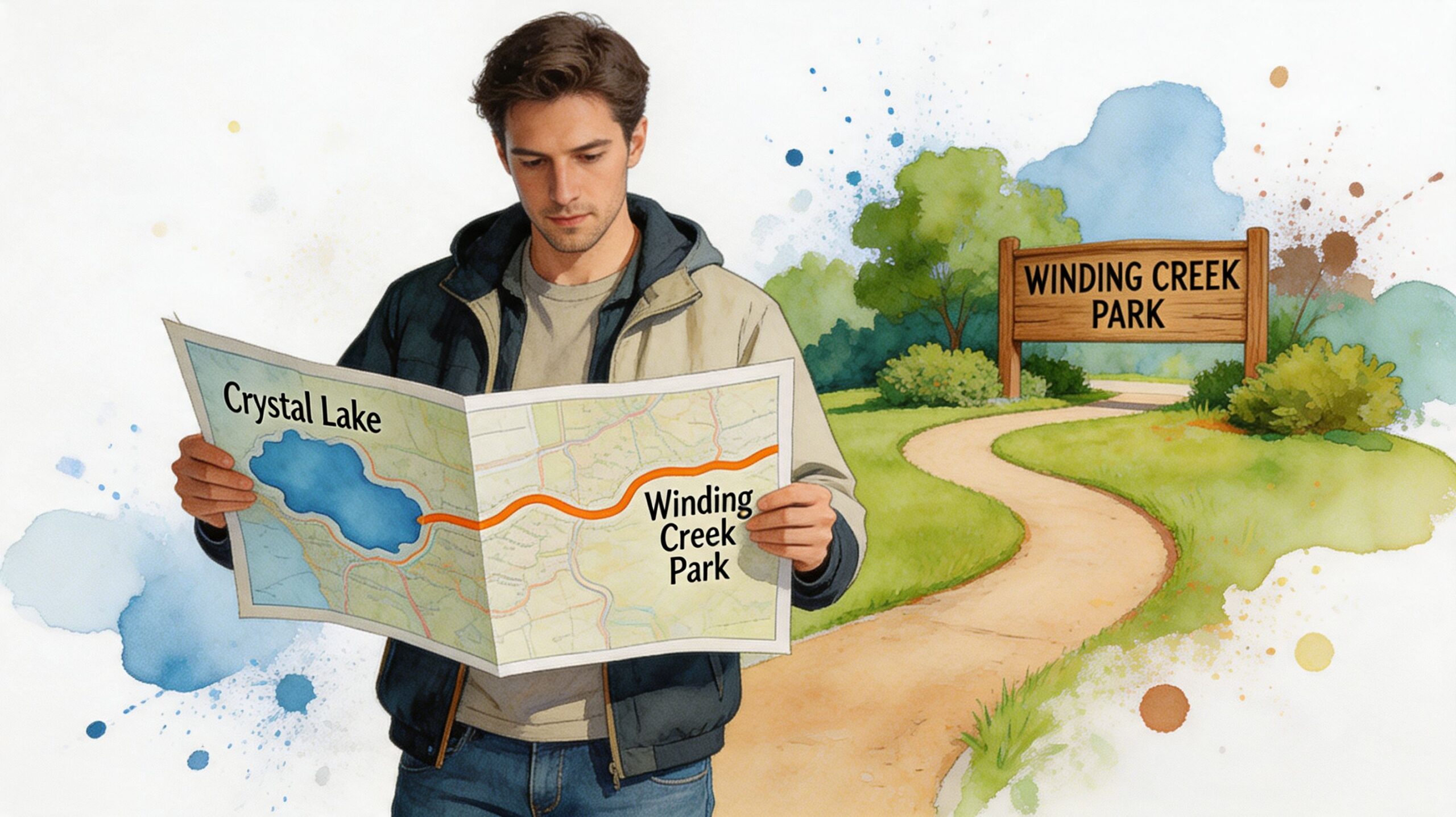 A young man holding a map showing a path between Crystal Lake and Winding Creek Park.