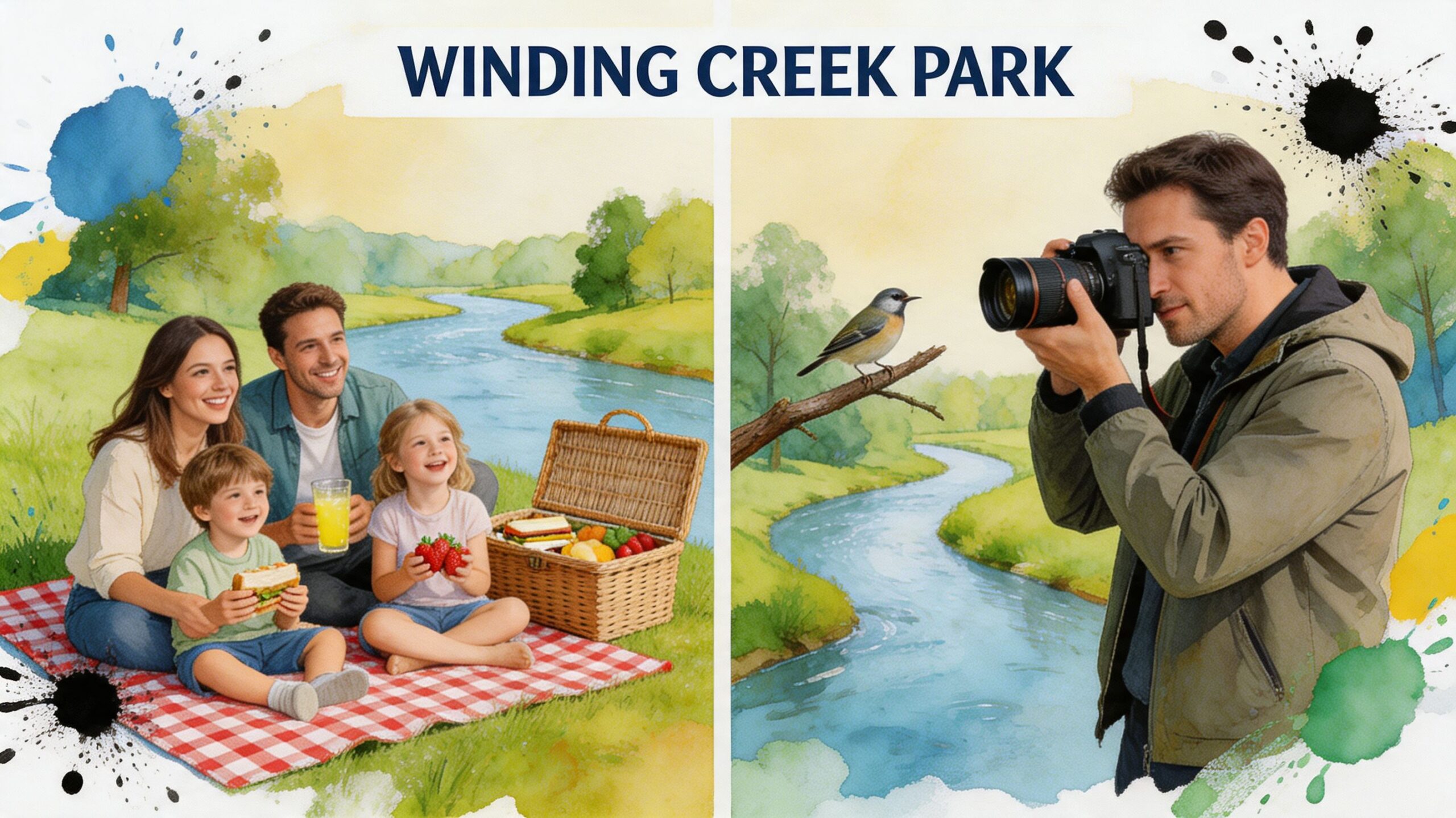 A split image showing a family having a picnic and a man photographing a bird at Winding Creek Park.