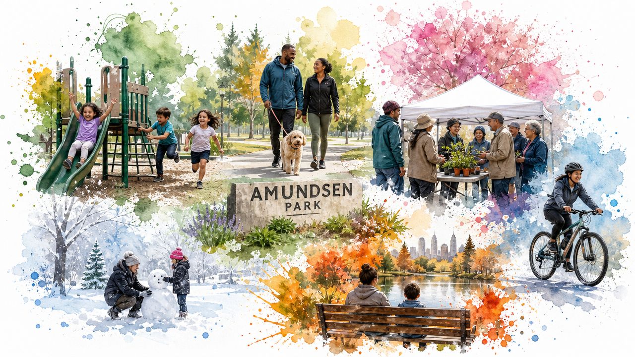 A watercolor-style illustration showcasing various seasonal outdoor activities and community events at Amundsen Park in Chicago.