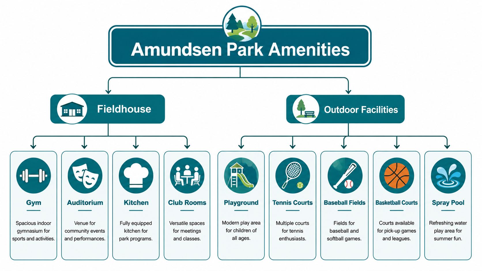 An organizational chart showing the various indoor and outdoor amenities available at Amundsen Park.