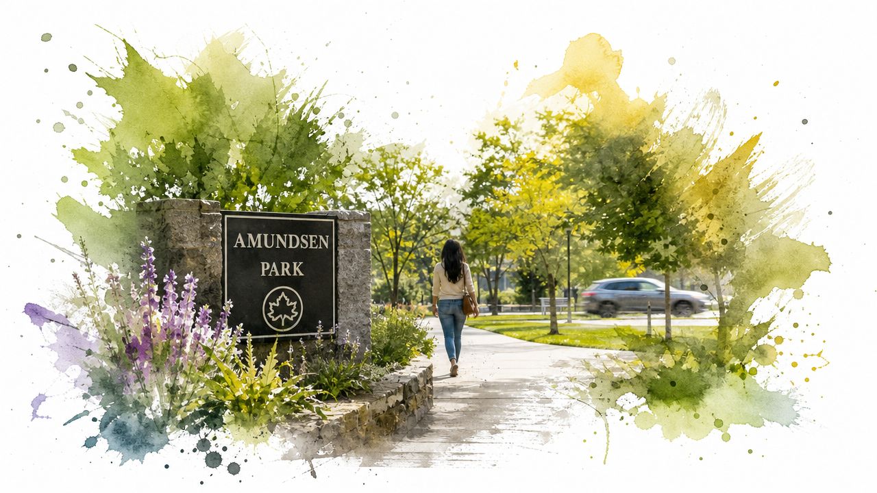 A woman walking away on a pathway toward Amundsen Park with a stone park sign in the foreground.