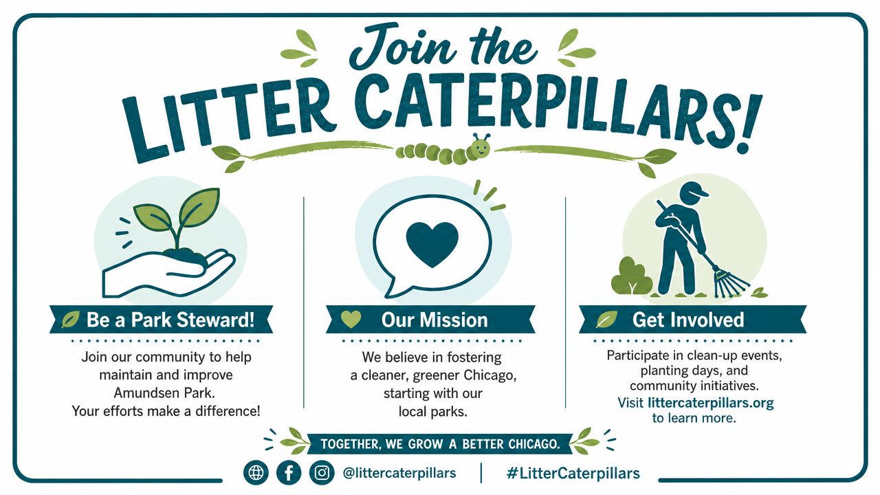 A poster inviting community members to volunteer for Amundsen Park with the Litter Caterpillars group in Chicago.