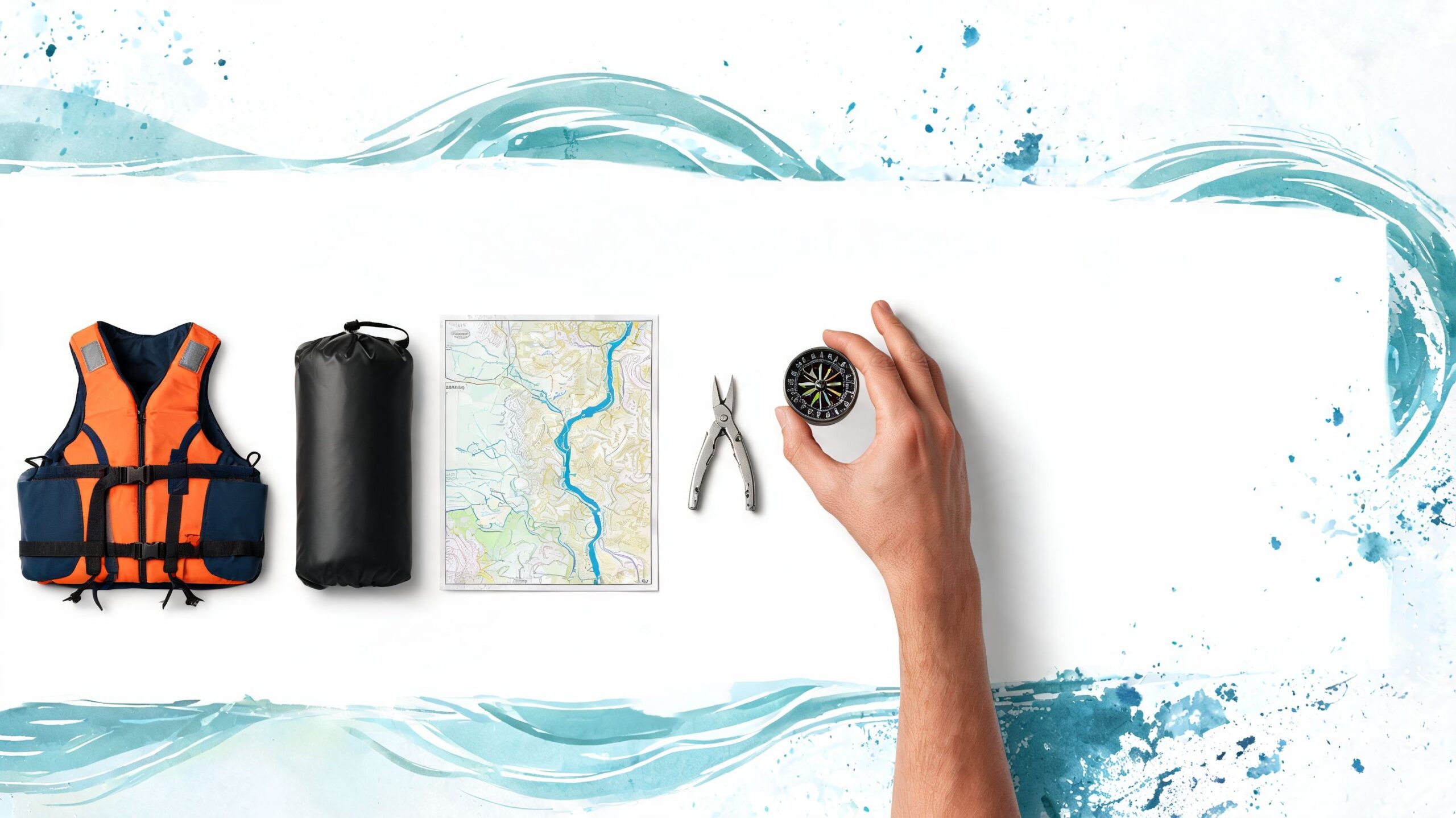 Canoeing equipment including a life vest, map, multi-tool, and compass held by a hand on white background.