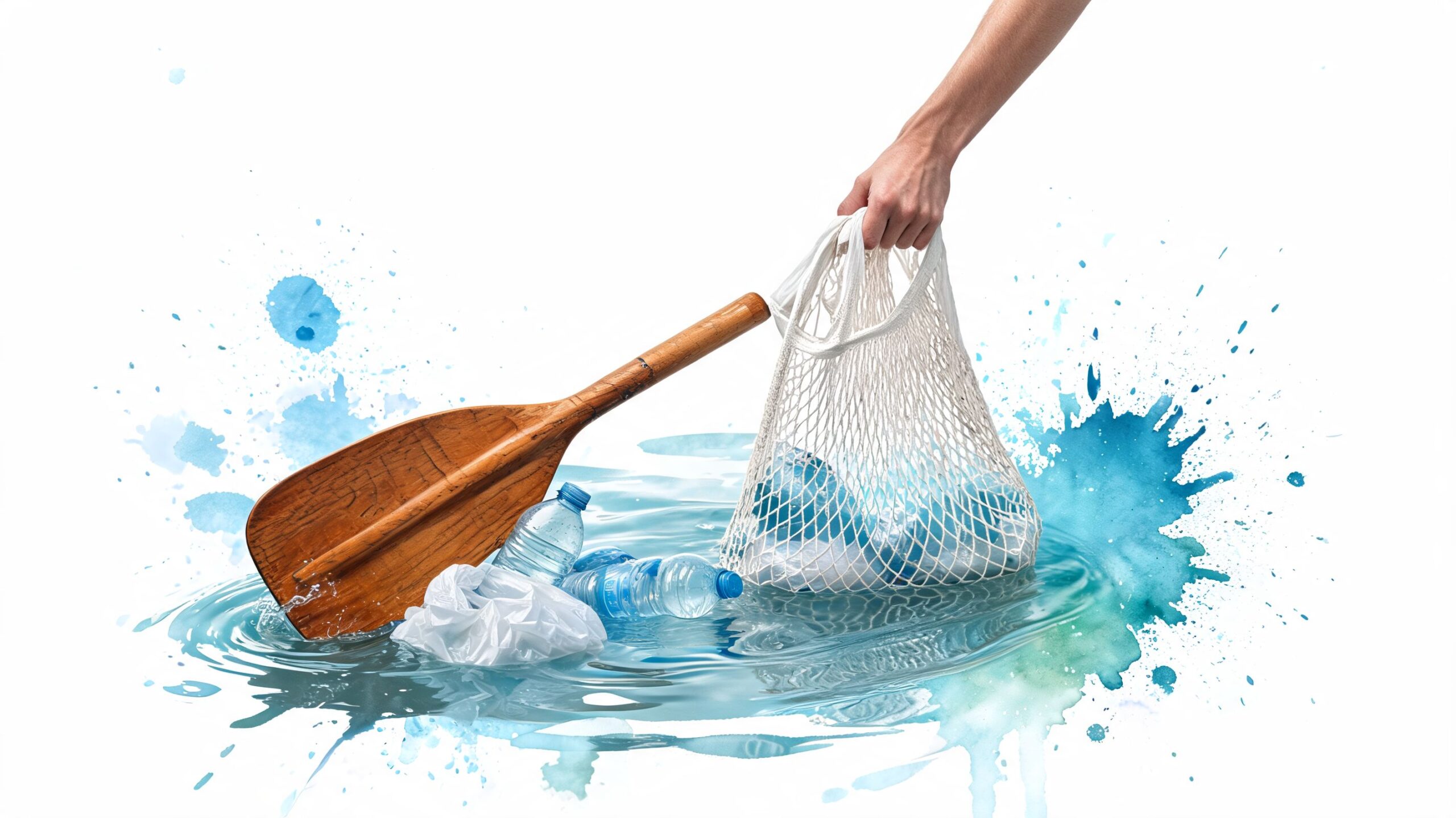 A hand holds a mesh bag over water filled with plastic waste and a wooden canoe paddle