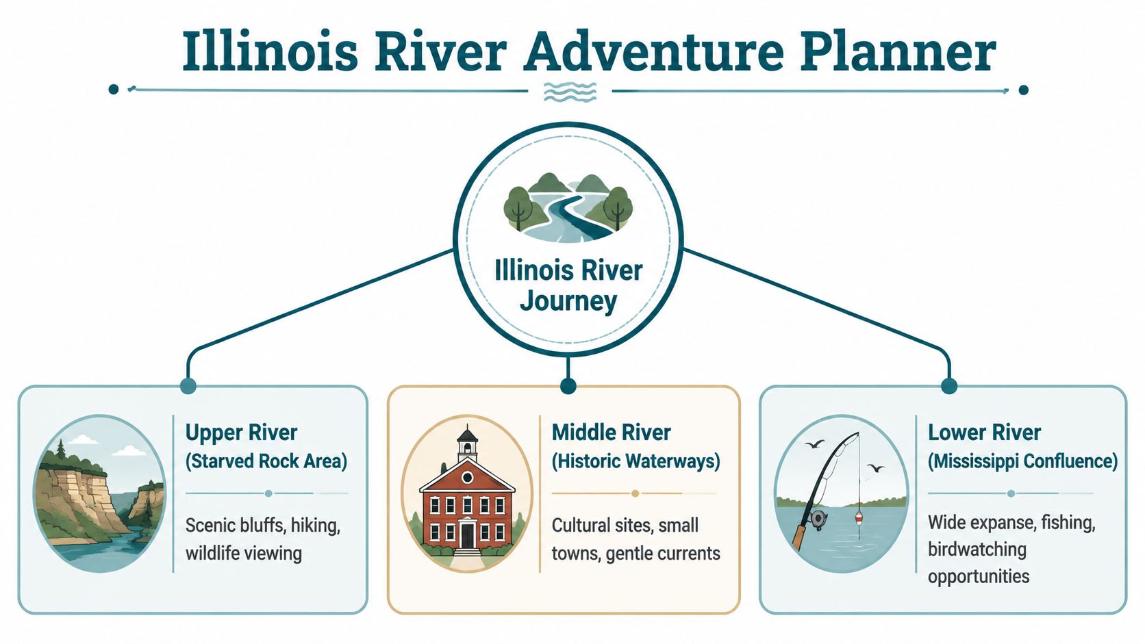 An infographic titled Illinois River Adventure Planner showing three sections: Upper, Middle, and Lower river areas.