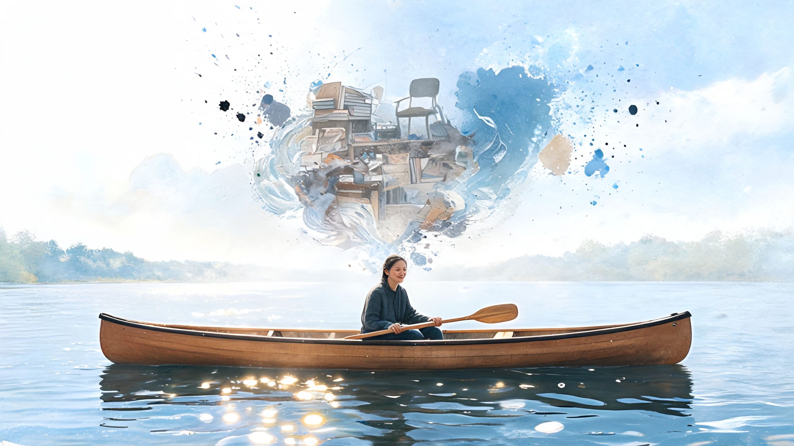 A serene woman canoeing on a calm river with a surreal abstract collection of objects floating above.