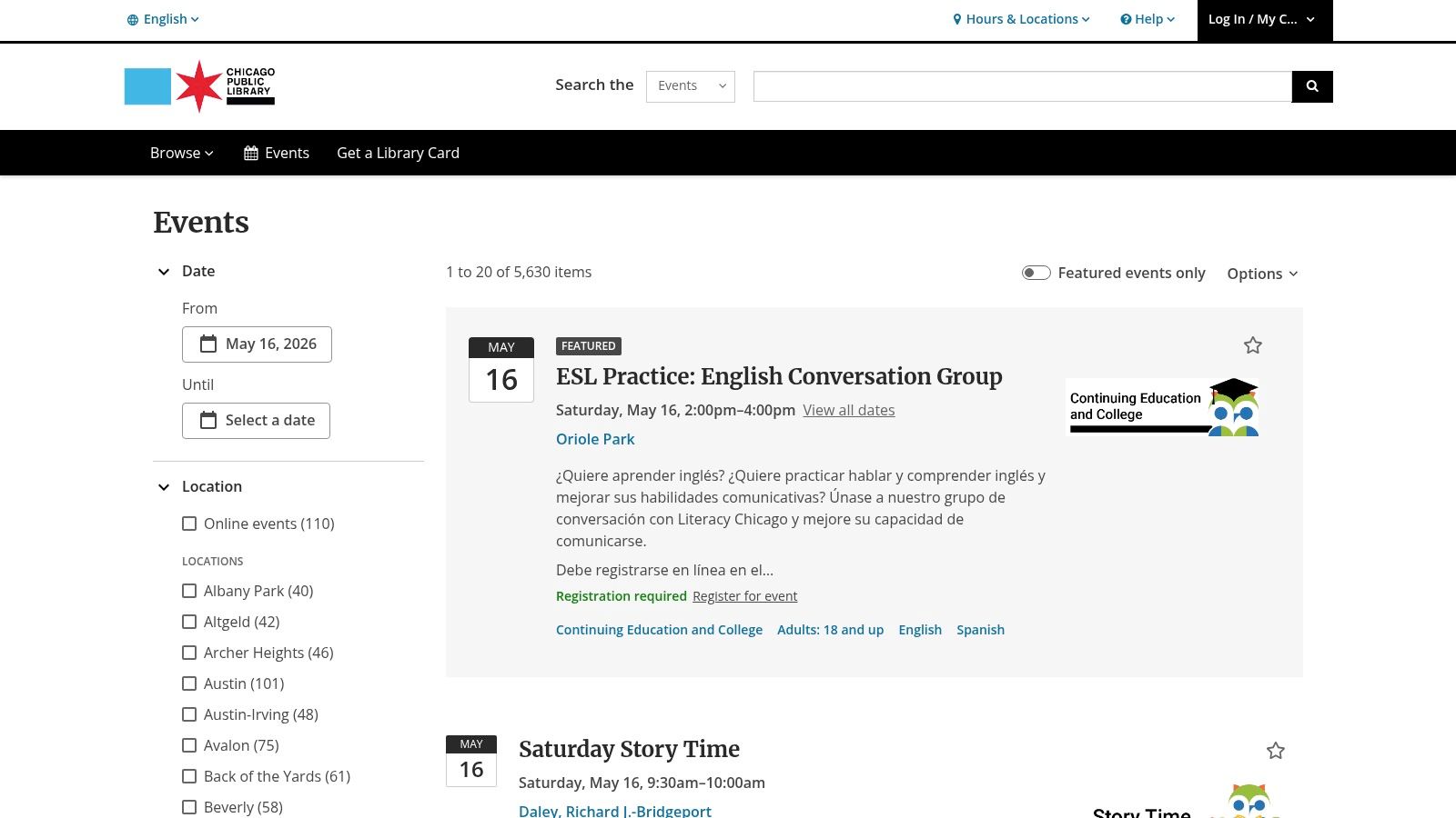 Chicago Public Library – Citywide Events Calendar (BiblioCommons)