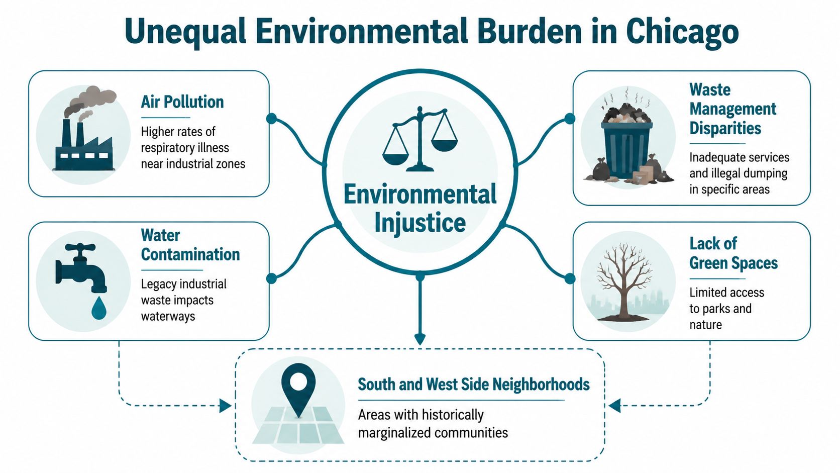 An infographic titled Unequal Environmental Burden in Chicago, illustrating issues affecting marginalized neighborhoods in the city.