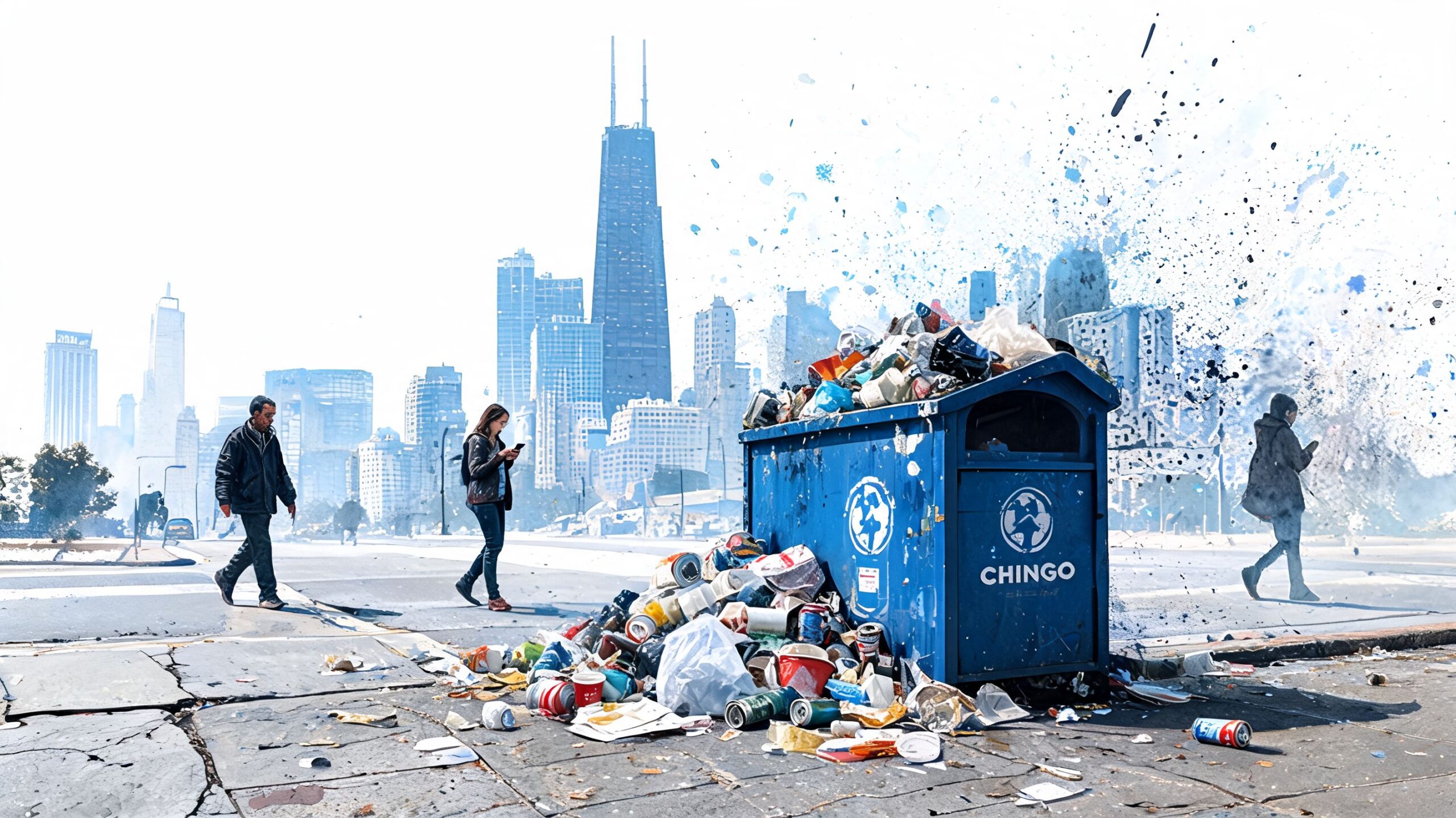 A person walks past an overflowing blue recycling bin in a polluted Chicago city landscape.