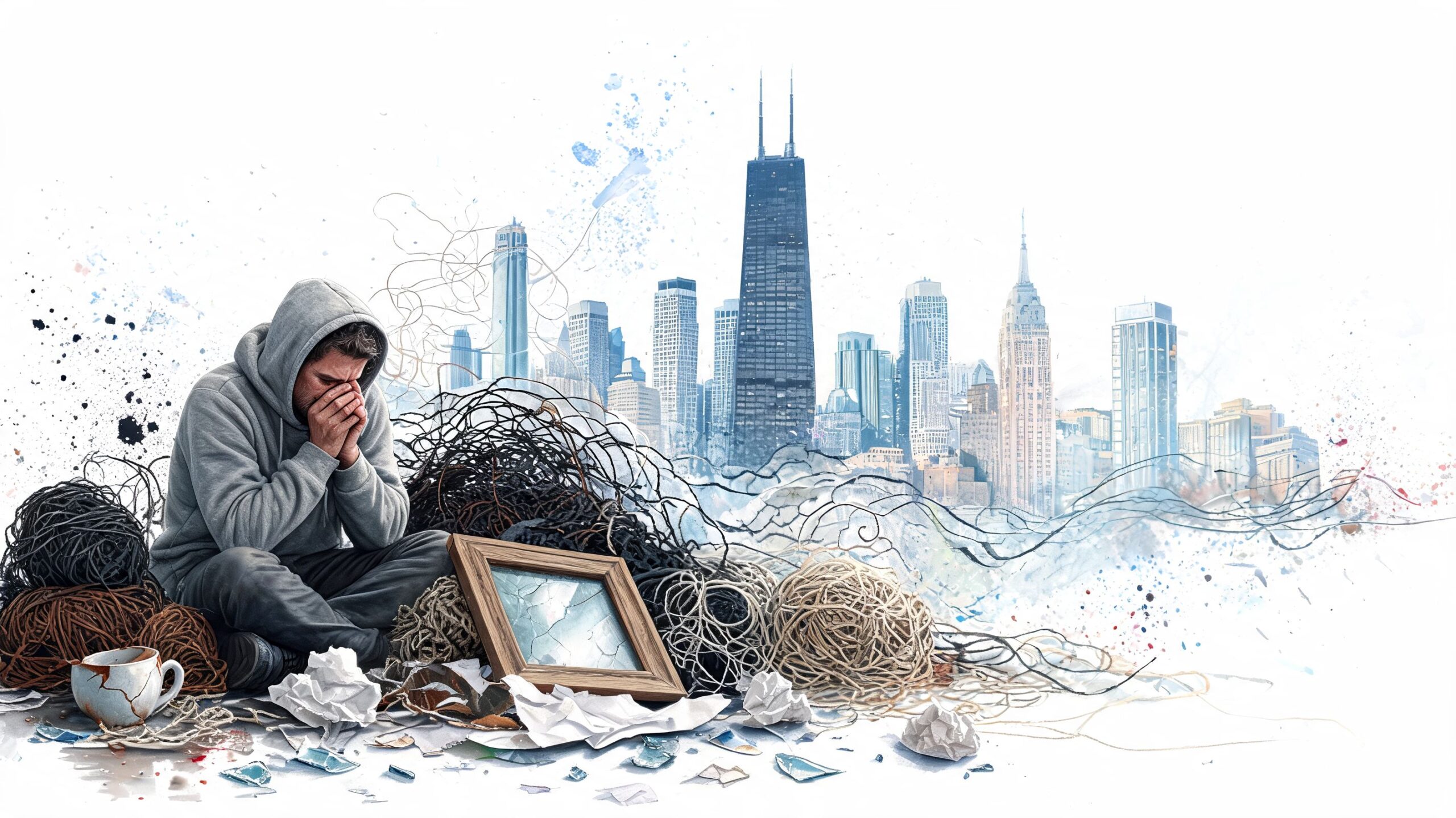 A distressed person sitting amidst tangled wires and debris before a stylized Chicago city skyline backdrop.