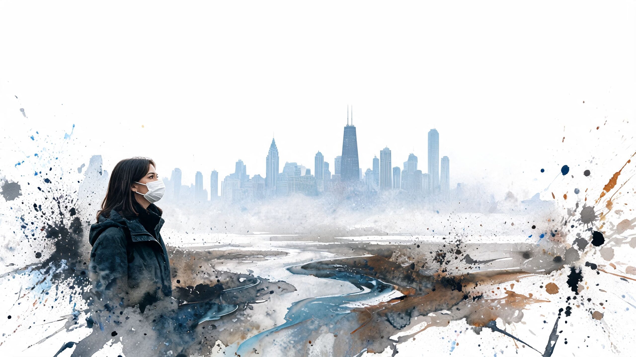 A woman wearing a face mask looks toward a stylized watercolor Chicago skyline and polluted river landscape.