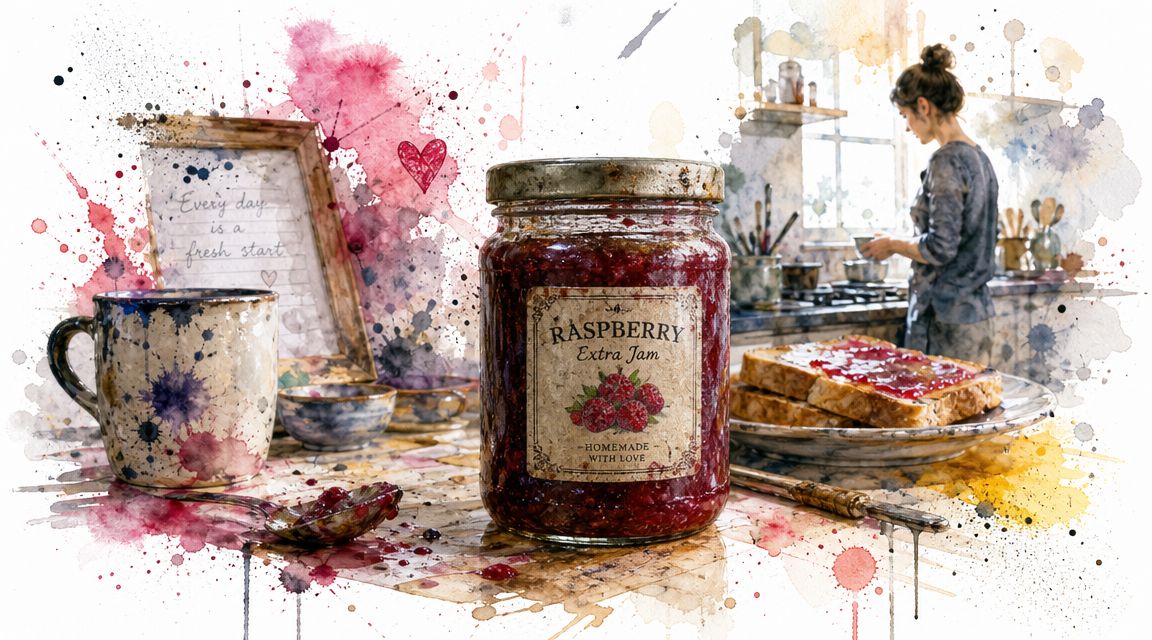 A rustic kitchen scene featuring a jar of raspberry jam, toast, and a person cooking in background.