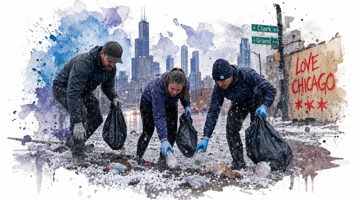 Three volunteers in winter clothing picking up litter during a snowy day in downtown Chicago.