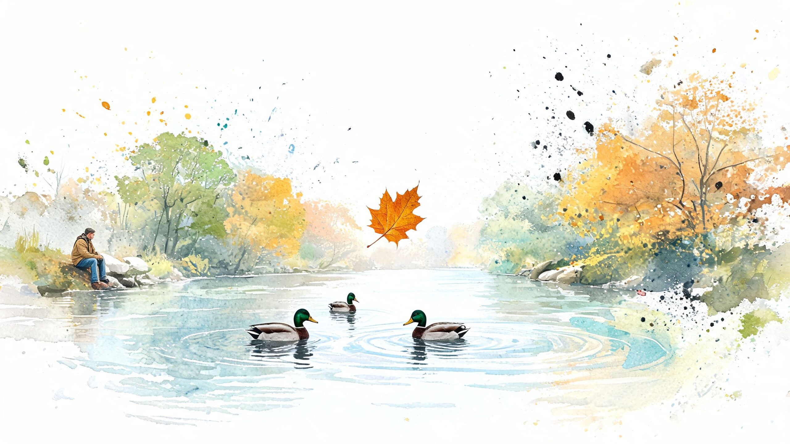 A scenic watercolor painting of a man sitting by a tranquil river with ducks and falling leaves.